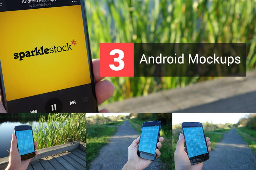 3 Outdoor Realistic Android in Hand Mockups Free PSD